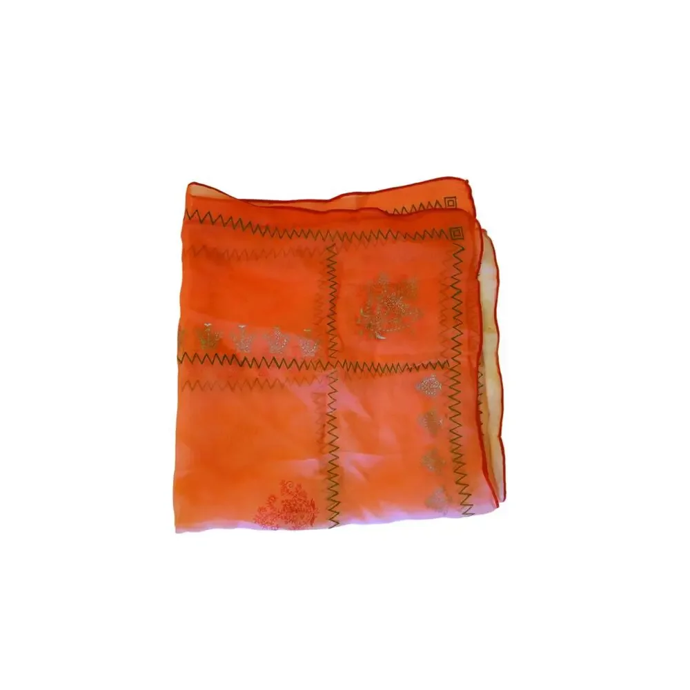 Vintage Orange Sheer Chiffon Scarf Gold Metallic Paisley Chevron Print Square